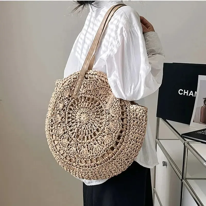 Handcrafted Round Straw Woven Beach Tote Bag Vacation Beach Hollow Out Shoulder Bag